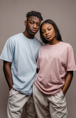 Fototapeta premium Young man and woman in casual attire pose together in studio with soft lighting against a pastel background