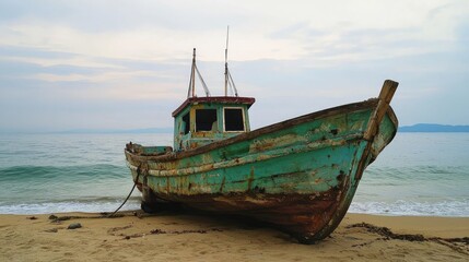 Weathered fishing vessel aground on a sandy shore.