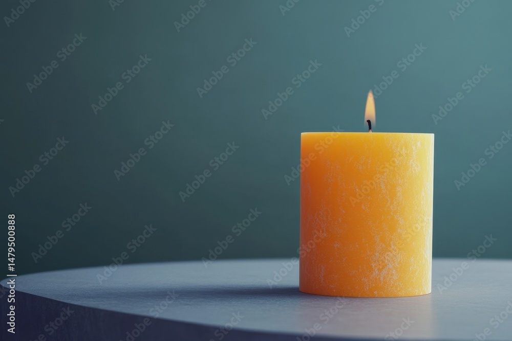 Poster close-up of burning orange candle on gray table against teal background in studio setting with soft 