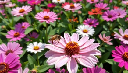 Obraz premium Vibrant Blooming Flowers with Bee in Colorful Garden Bed