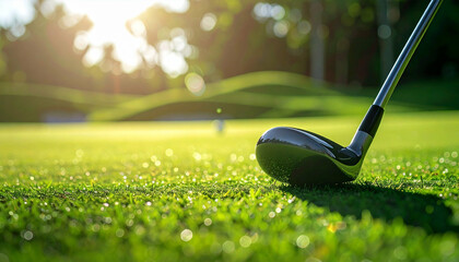 Golf club resting on lush green grass near a golf ball with sunshine background