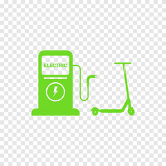 Electric scooter. Eco scooter. Scooter charging at the charger station. Ecology transport concept vector illustration.