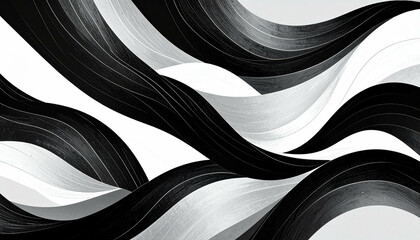 Curving black and white bands create a flowing, abstract composition with a textured, layered effect