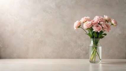 A delicate bouquet of light pink flowers arranged in a clear glass vase against a textured wall background