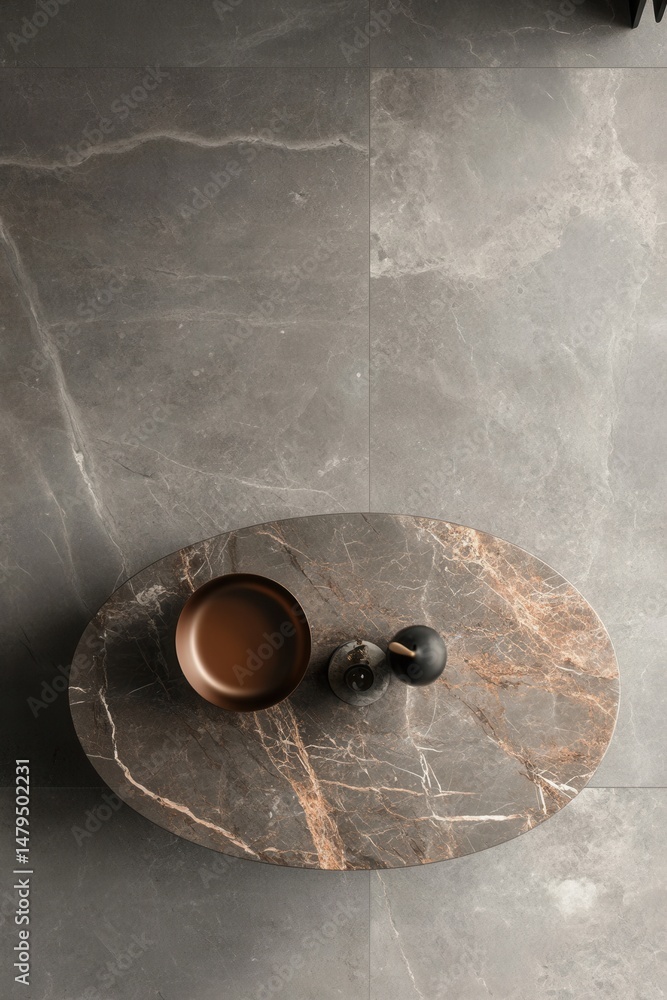 Poster overhead shot of marble coffee table with bowl and decorative objects on matching marble floor tiles