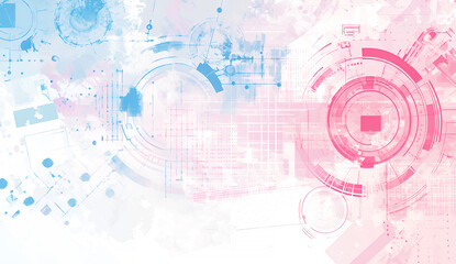 Obraz premium Abstract digital illustration depicting interconnected networks and futuristic technological concepts with pink and blue watercolor textures.