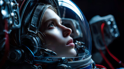 Astronaut or cosmonaut helmet  close up side view. Space tourist in space suit in cosmos. Sci-fi portrait of woman astronaut. Space tourism concept. head in a helmet look at space.
