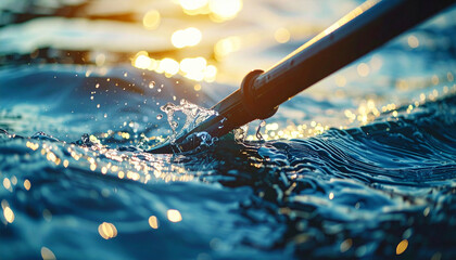 Oar dips, creating ripples on water surface, reflecting sunset