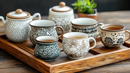 Floral Teacups on Wooden Tray
