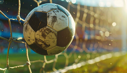 Soccer ball in the net against bright sunlight and grass