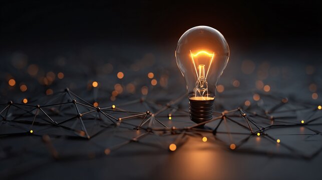 Illuminated light bulb on a network. Conceptual representation of innovation, inspiration, connectivity, and creative solutions in a tech driven world.