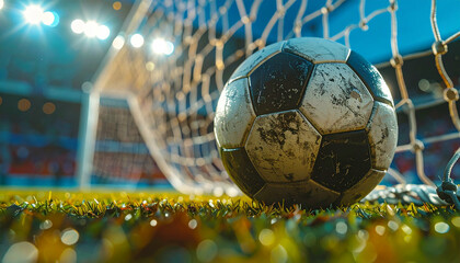 A soccer ball rests in the goal's net, bathed in stadium lights, on a vibrant green field