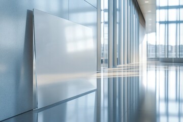 Clear acrylic sign holder mounted on a wall in a modern interior space during daylight