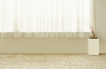 Empty the luxury modern room with a large window and natural light, shadowy room walls, and a blank wooden parquet floor.