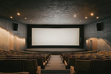 A modern cinema interior featuring a large blank screen. rows of wooden seats. and minimalist concrete walls. creating an inviting atmosphere for moviegoers
