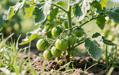 Fototapeta premium Tomato plants thrive in fertile soil, surrounded by wild grass. Green, unripe tomatoes hang beneath imperfect leaves, adding a raw, natural touch. Bright lighting enhances the fresh, organic feel.