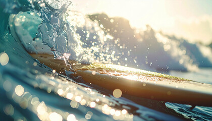 Golden light illuminating a surfboard submerged in a splashing wave with ocean backdrop