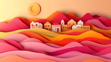 Fototapete Abstract landscapes are marked by their layered, colorful formations, white, spired structures, and a warm, spherical sunlit glow that pervades the scene © MKS