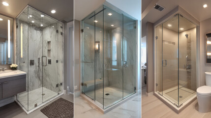 Set of 3d realistic vector shower cabins with transparent glass doors and modern shower system , isolated.