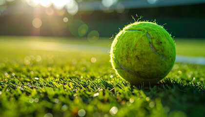 Green tennis ball rests on a court, basking in warm sunlight, creating bokeh effects