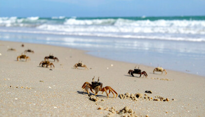 Beachside crabs A group of crabs walk along the sand, toward the sea