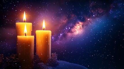 Colorful nebulae with pink, purple, and blue hues serve as the backdrop against which candles glow brightly