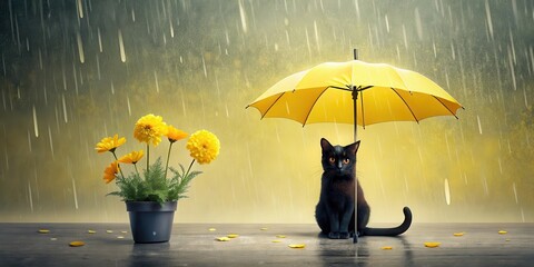 A Black Cat Under a Yellow Umbrella with Yellow Flowers in the Rain