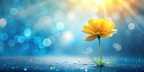 A single radiant yellow flower blossoms amidst a dreamy blue bokeh background, illuminated by a soft, sunlit glow, conveying a sense of hope and serenity.