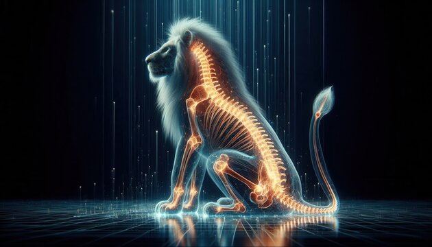 Illuminating lion anatomy digital art showcase virtual gallery modern environment side view educational concept