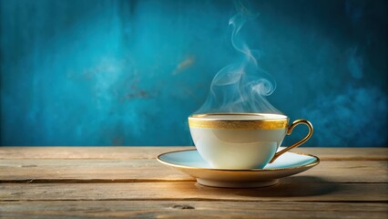 A steaming cup of tea, elegant porcelain, gold trim, sits on a rustic wooden table against a deep teal background.  The warm light enhances the scene, creating a tranquil and inviting atmosphere.