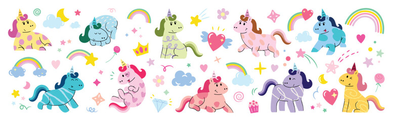Cute Colourful Pony Unicorn character set. Dreamy magic cartoon with pegasus, horse, rainbow, diamond, crown, doodle, flower, star. Magical sweet cartoon for kids, stickers, prints, t-shirts, nursery.