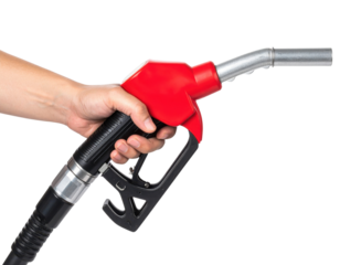 A hand holding a red fuel pump nozzle.
