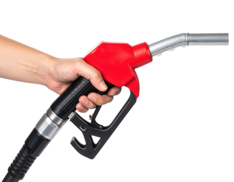 A hand holding a red fuel pump nozzle. - Powered by Adobe