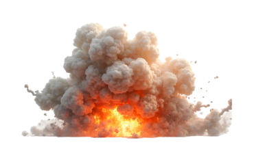 A large, textured smoke cloud with a fiery base on a white background, concept of explosion. Generative AI on white background
