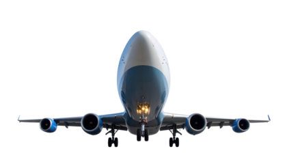 A large commercial airplane viewed from the front, showcasing its engines, wings, and landing gear.