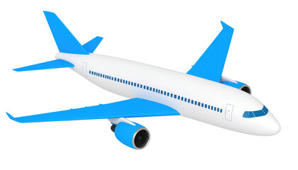 A modern passenger airplane with blue wings and tail fins.