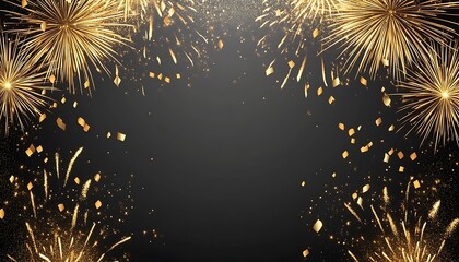 Gold fireworks and confetti on black background