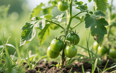 Fototapeta premium Tomato plants thrive in fertile soil, surrounded by wild grass. Green, unripe tomatoes hang beneath imperfect leaves, adding a raw, natural touch. Bright lighting enhances the fresh, organic feel.