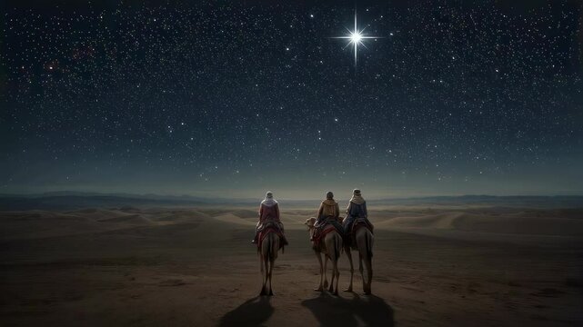 Christmas star on blue sky and three wise men. Christian video
