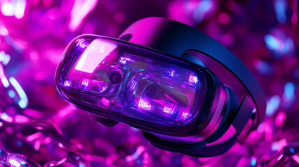  virtual reality headset with glowing led patterns, floating in a sleek tech environment, cyberpunk style, sharp focus, vibrant colors 
