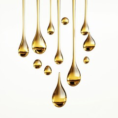 Golden Oil Drops Falling on White Background