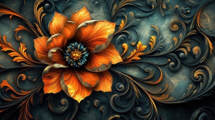 Vibrant orange flower with intricate fractal patterns displayed against a dark blue background emphasizing the beauty of digital art in contemporary design