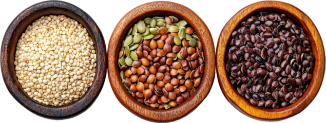 Three Types of Seeds in Wooden Bowls