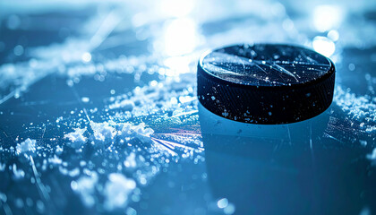 Ice puck resting amidst frosty snow