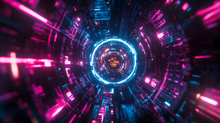 Obraz premium A neon colored tunnel with a glowing light in the center