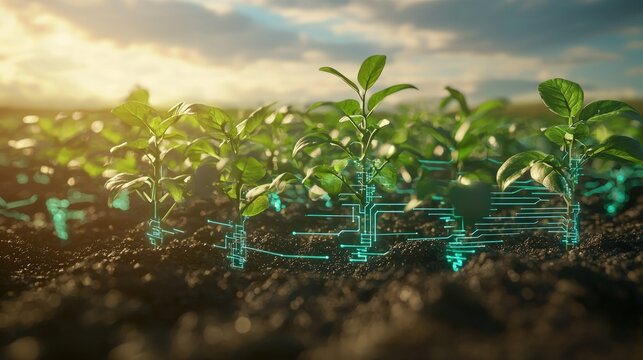 Modern farming concept young plants in soil with digital circuitry overlay