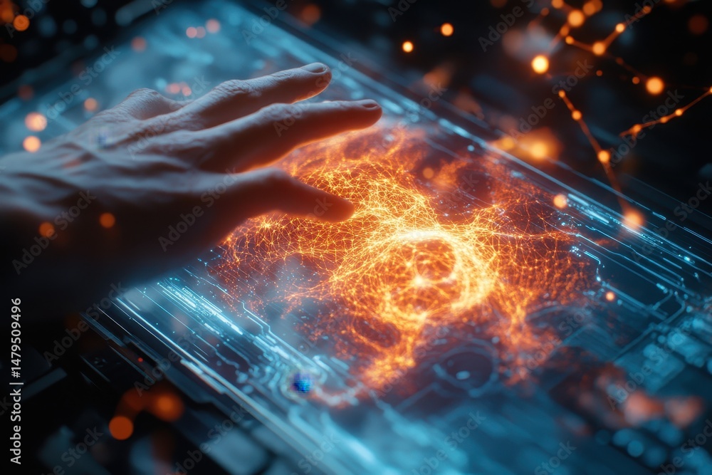 Aufkleber digital interaction with glowing network patterns on a touchscreen device in a futuristic setting du