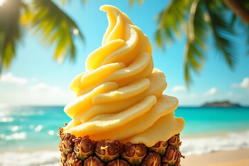 Refreshing pineapple soft serve tropical beach dessert photography sunny environment close-up