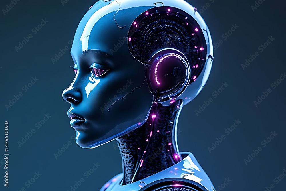 Poster futuristic robot portrait digital studio image technological environment close-up ai concept