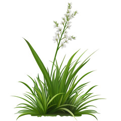 Fototapeta premium Patch of lush green grass with blooming wildflowers, isolated on a white background. Ideal for spring, nature, gardening, and landscaping concepts.
